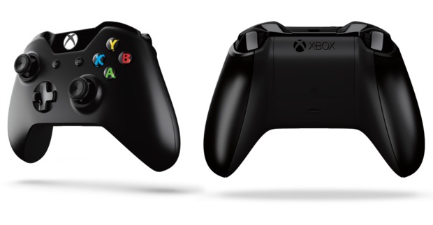 Billede af Xbox One controlleren både forfra og bagfra.